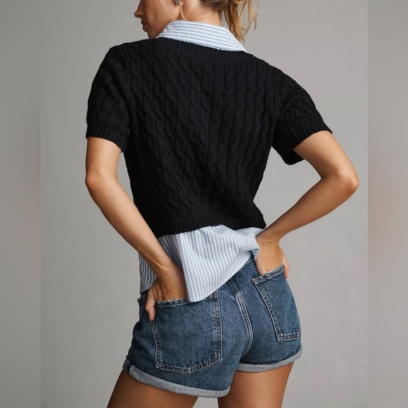 Maeve Anthropology Cable Short Sleeve Twofer Sweater Navy - Picture 3 of 14